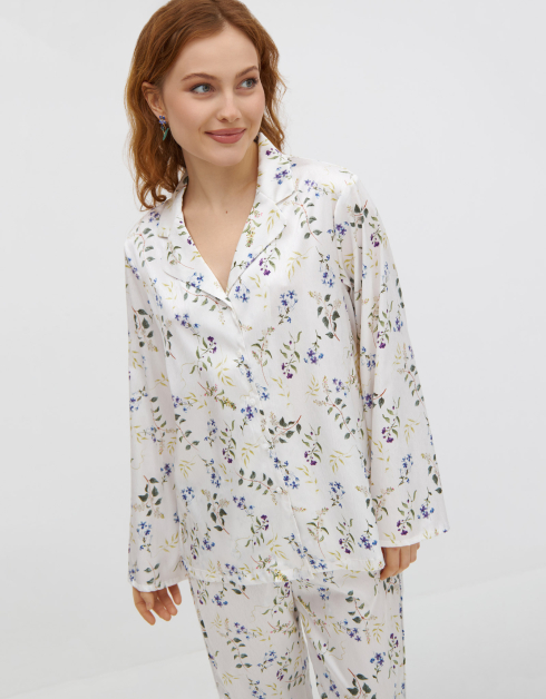 Рубашка женская, домашняя, р. M, с длинным рукавом, полиэстер, белая, Полевые цветы, Merri
