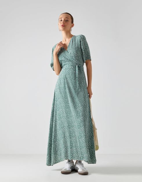 Платье женское, миди, р. S, с коротким рукавом, на запах, вискоза, зеленое, Цветы, Marcia
