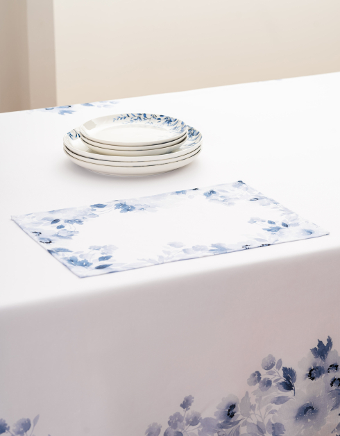 Салфетка под приборы, 30x45 см, полиэстер, прямоугольная, белая, Синие цветы, Royal flower