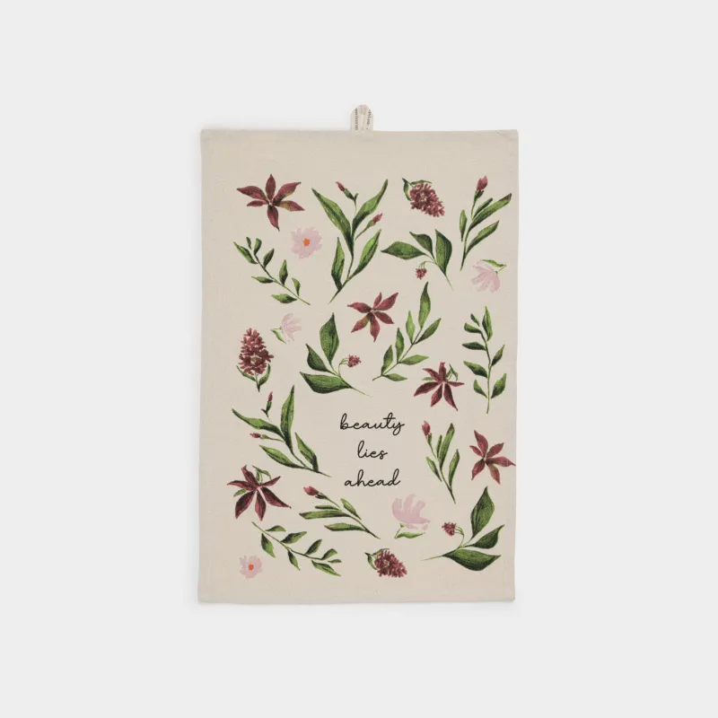 Полотенце кухонное, 40х60 см, хлопок, бежевое, Цветы и листья, Meadow