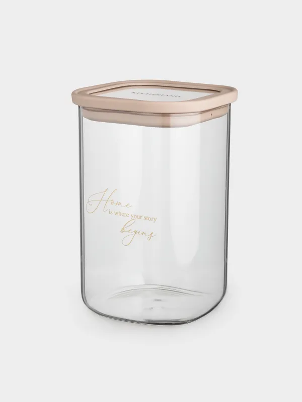 Банка для сыпучих продуктов, 920 мл, стекло/силикон, квадратная, бежевая, Verre, image-1