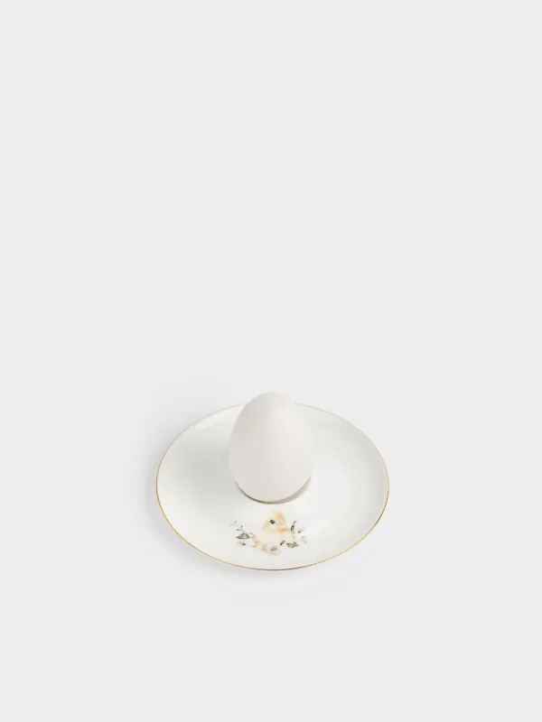 Подставка для яйца, 13 см, фарфор F, белая, с золотистым кантом, Цыпленок в цветах, Easter, image-4