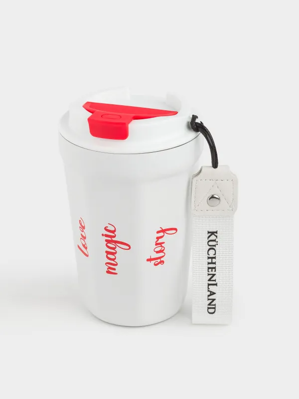 Термокружка, 350 мл, с ремешком, сталь/пластик/текстиль, бело-красная, Story, image-1