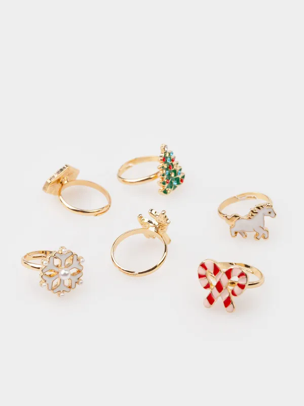 Набор колец, единый размер, 6 шт, детский, металл, Новый год, Jewelry christmas, image-0