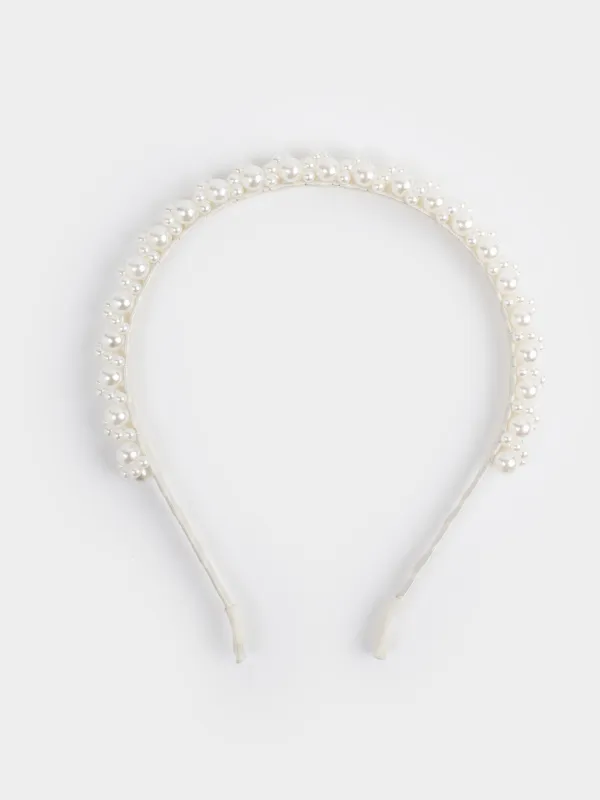 Ободок для волос, 13х16 см, пластик/металл, молочный, Бусины, Hairstyle, image-0