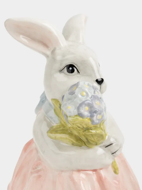 Статуэтка, 21 см, керамика D, серая, Крольчиха в платье и с цветами, Easter, image-1
