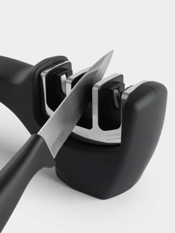 Точило для ножей, 20 см, три этапа заточки, пластик/сталь, черное, Accessories, image-2