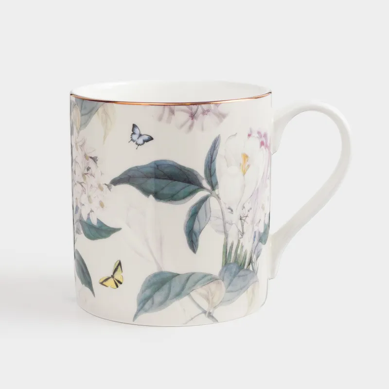 Кружка, 380 мл, фарфор F, бежевая, с золотистым кантом, Цветы и бабочка, Bloome