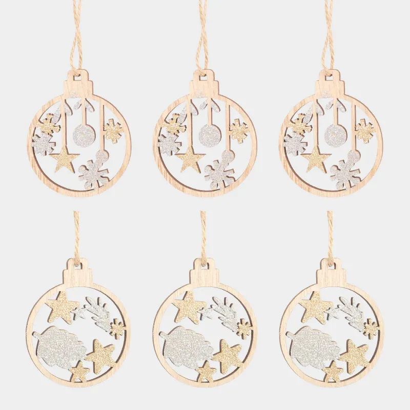 Набор елочных игрушек, 8 см, 6 шт, дерево, Новогодние атрибуты, Figure wood