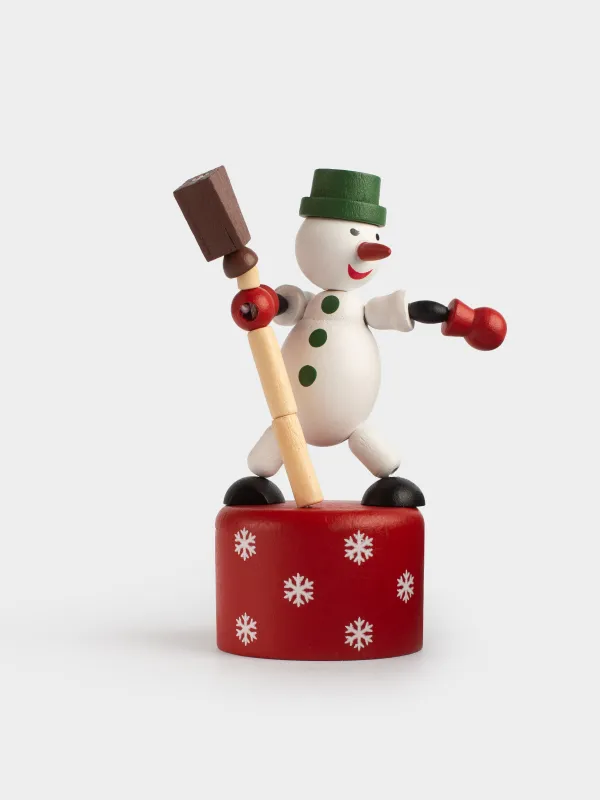 Игрушка, 11 см, дергунчик, дерево, бело-красная, Снеговик, Snowy, image-0