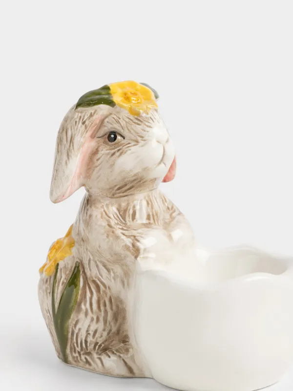 Подставка для яйца, 11 см, керамика D, молочно-бежевая, Кролик в цветочном венке, Rabbit in narcis, image-2