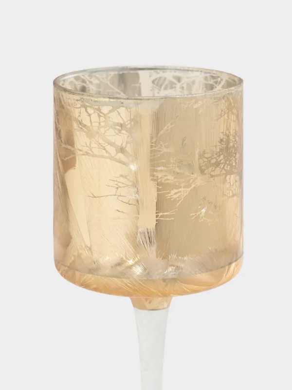 Подсвечник, 20 см, для чайной свечи, на ножке, стекло, шампань, Олени в лесу, Winter deer, image-2