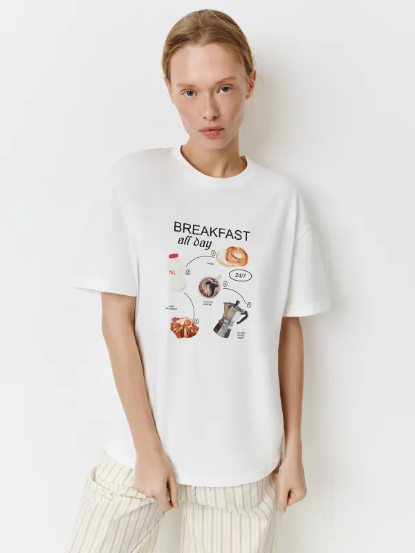 Футболка женская, р. S, хлопок, молочная, Breakfast all day, Limva, image-0