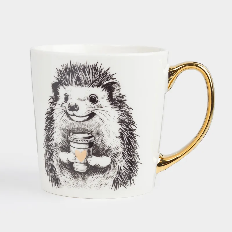 Кружка, 500 мл, фарфор N, бело-золотистая, Еж с кофе, Forest animals