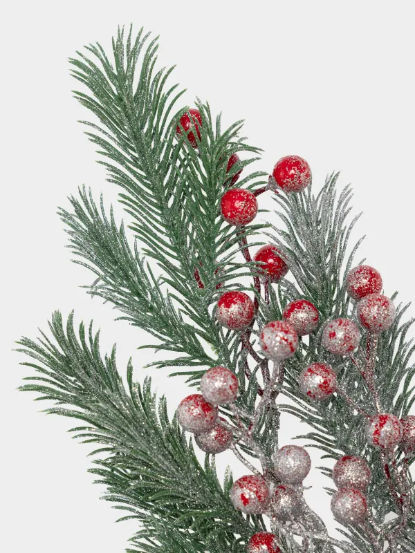 Ветка декоративная, 58 см, Красные ягоды и хвоя, Red berry, image-1