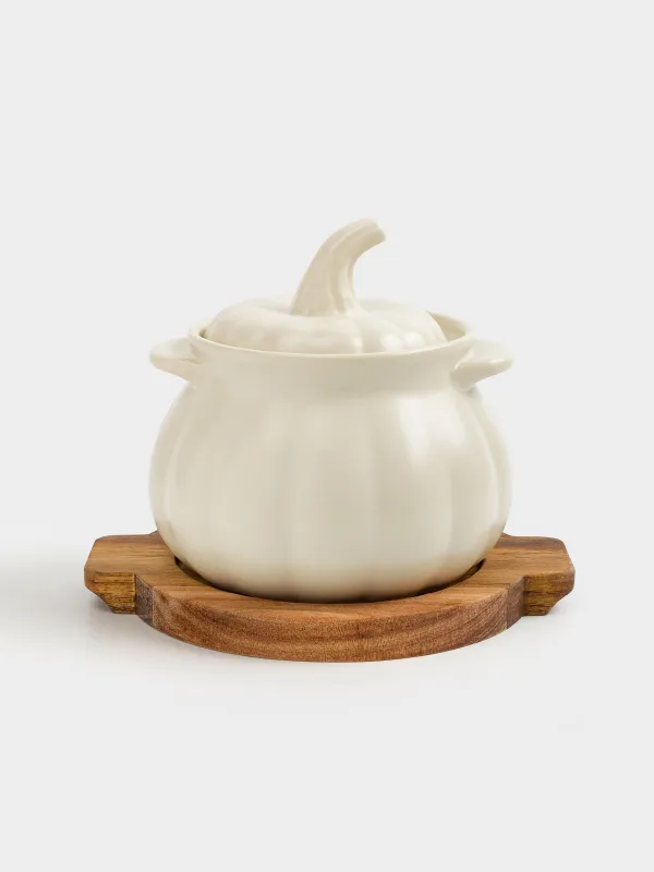 Кокотница, 13 см, 530 мл, с крышкой, на подставке, керамика/дерево, кремовая, Тыква, Gourd, image-0
