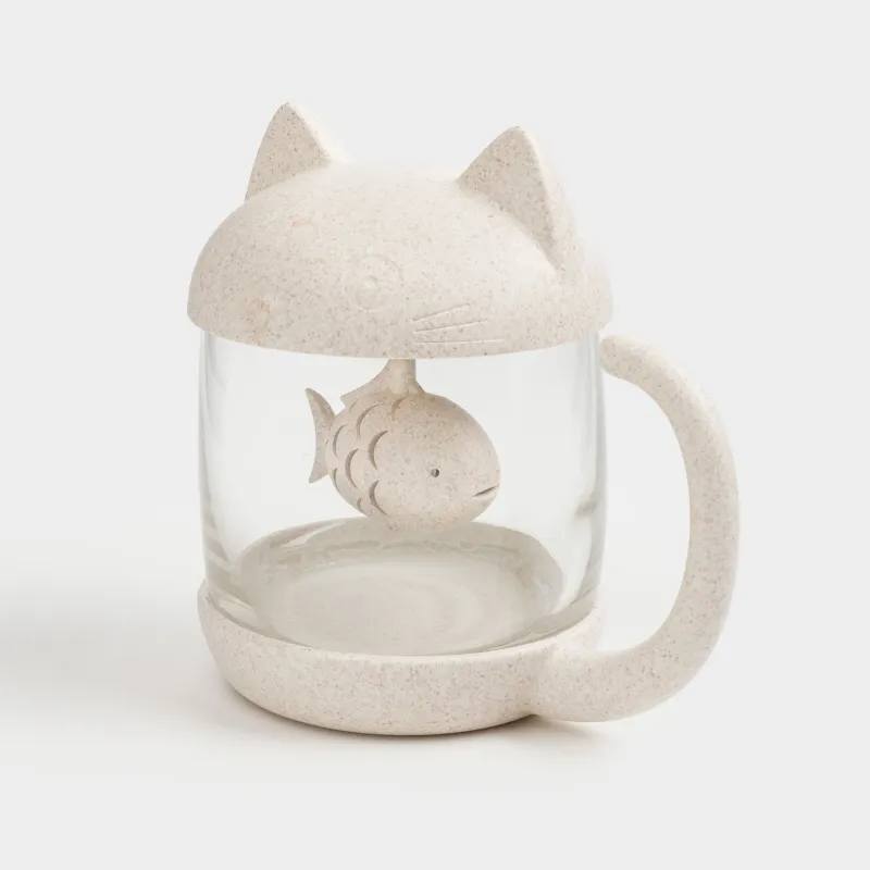 Кружка, 250 мл, с ситом для заваривания и крышкой, стекло Б/пшеничное волокно, Кошка, Cat, image-0