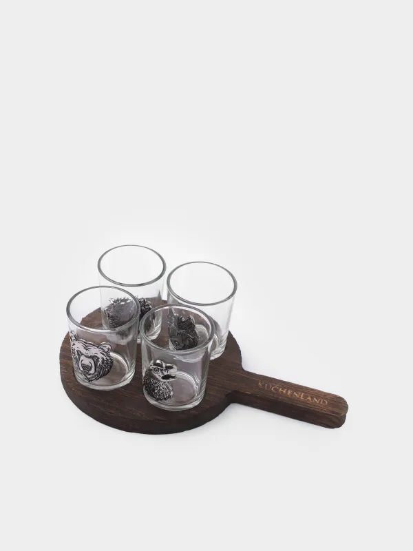Стопка для водки, 80 мл, 4 шт, на подставке, стекло/металл/дерево, Орел и звери, Lux elements decor, image-1