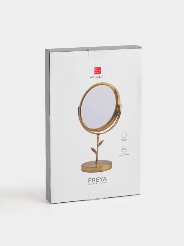 Зеркало настольное, 30x18/15 см, двустороннее, на ножке, металл, круглое, золотистое, Freya, image-4