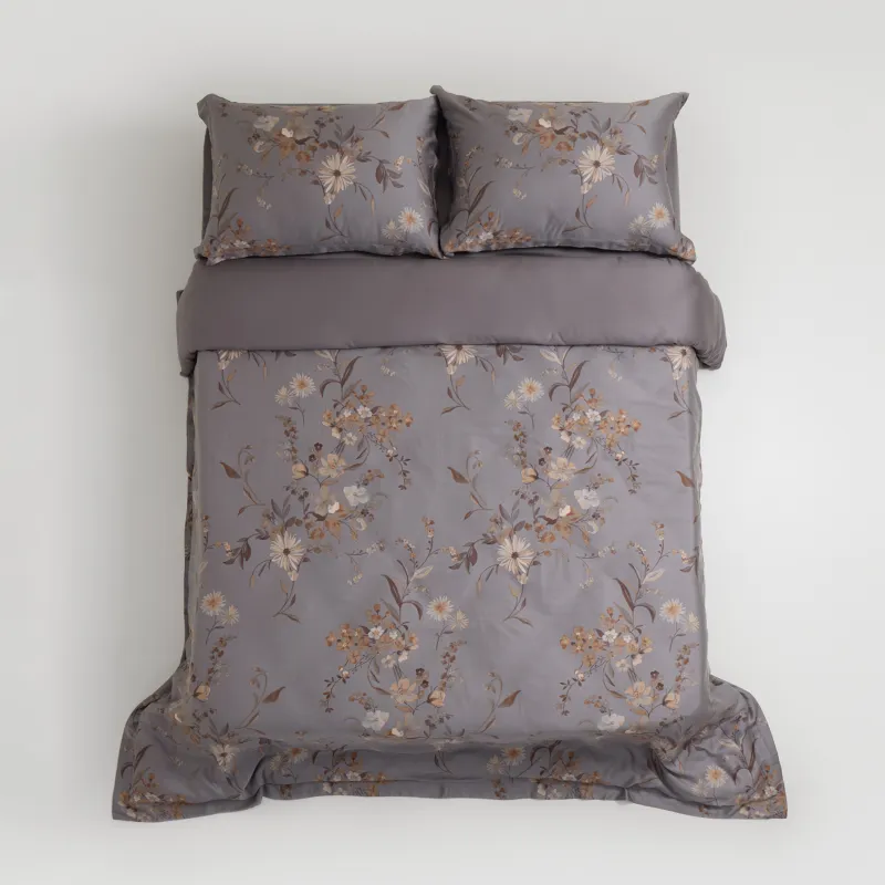 КПБ евро, тенсель 300 ТС, серый, Цветы и листья, Tencel