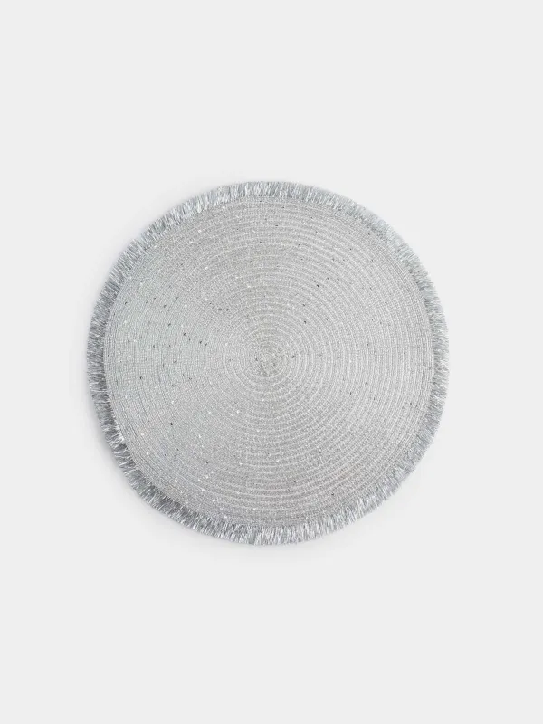 Салфетка под приборы, 38 см, с бахромой и пайетками, полиэстер, круглая, серебристая, Rotary shine, image-0