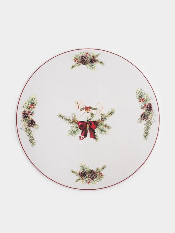 Салфетка под приборы, 38 см, ПВХ, круглая, белая, Лошадка и еловые ветви, Rock print, image-0