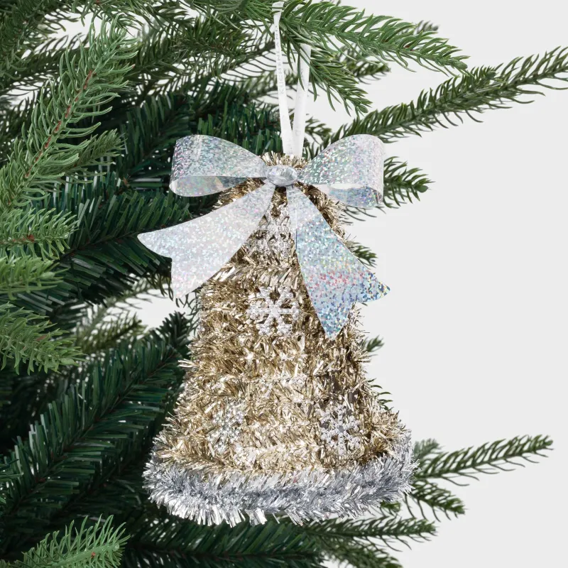 Игрушка елочная, 14 см, мишура/пластик, золотистая, Колокольчик с бантом, Tinsel christmas, image-2