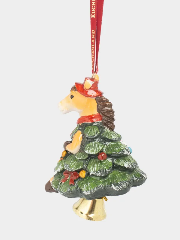 Игрушка елочная, 8 см, полирезин, зеленая, Лошадка с колокольчиком, Figure christmas, image-0