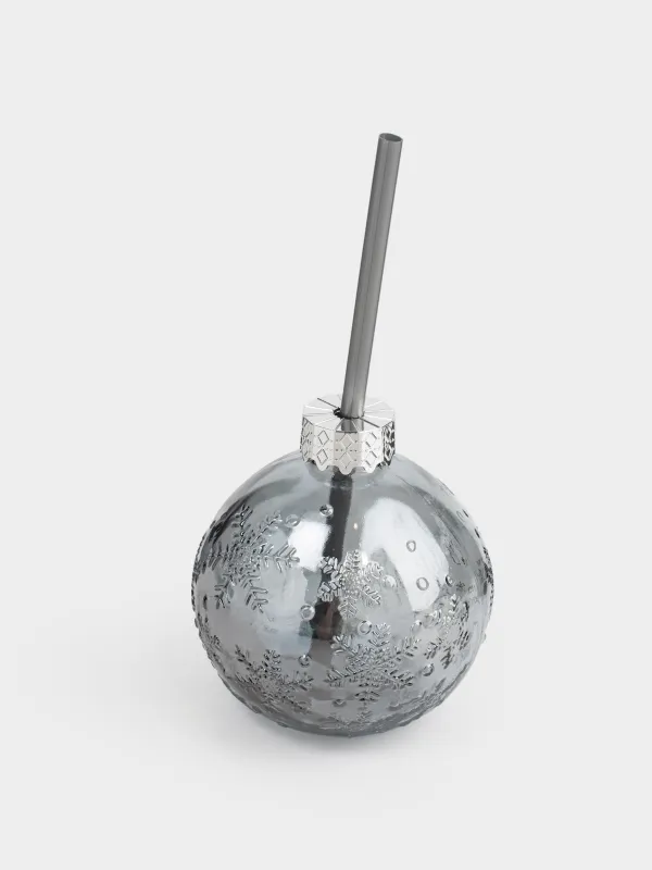 Банка для напитков, 400 мл, с крышкой и трубочкой, стекло, серая, Шар, Christmas drink, image-1
