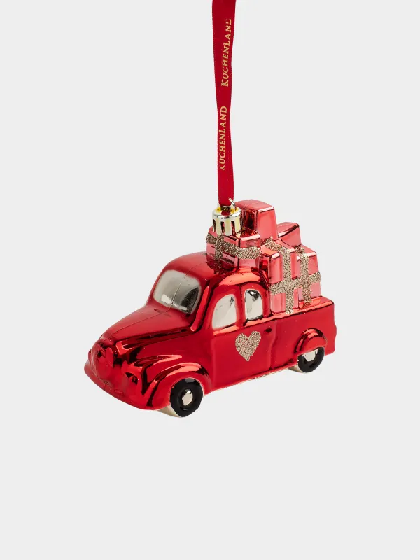 Игрушка елочная, 11 см, пластик, с блестками, красная, Машинка с сердечком, Figure christmas, image-0