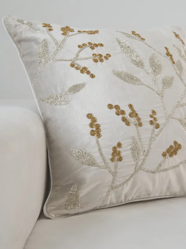 Подушка декоративная, 50х50 см, вельвет/бисер, бежевая, Ветви, Print, image-3