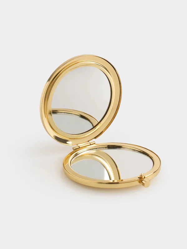 Зеркало карманное, 7 см, двустороннее, сталь, золотистое, Красные блестки, Actress, image-1