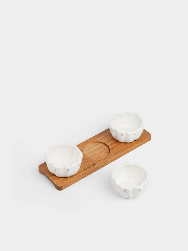 Набор для закусок, 3 пр, на подставке, керамика/дерево, белый, Нежные цветы, El floria, image-3
