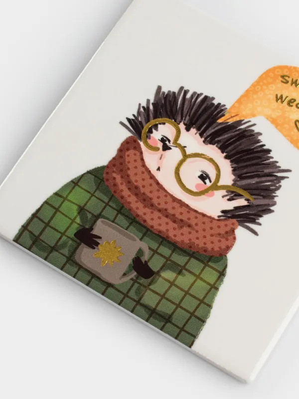 Подставка под кружку, 11х11 см, квадратная, керамика/пробка, белая, Еж в очках, Forest animals, image-5