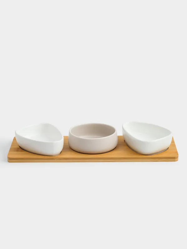 Набор для закусок, 3 пр, на подставке, керамика/бамбук, молочный, Bamboo, image-1