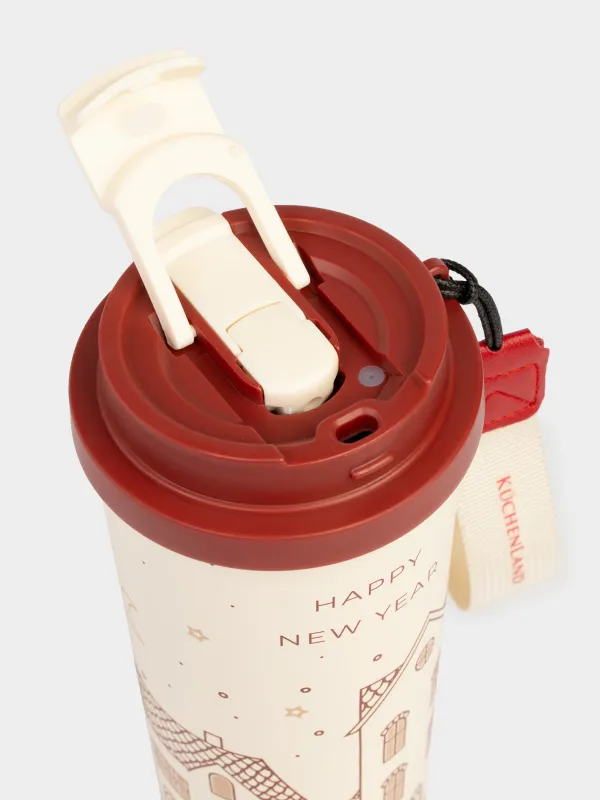 Термокружка, 500 мл, клапан/трубочка, с ремешком, сталь/пластик, бежево-красная, Ballad, image-2