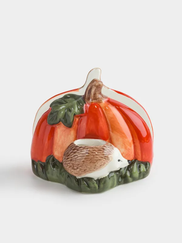 Салфетница, 12 см, с отделением для зубочисток, керамика, Еж с тыквой, Forest symphony, image-0