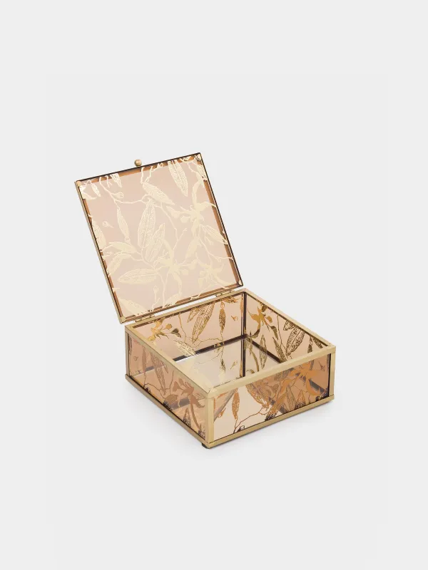 Шкатулка для украшений, 15х16 см, стекло/металл, золотистая, Листья, Collection, image-2