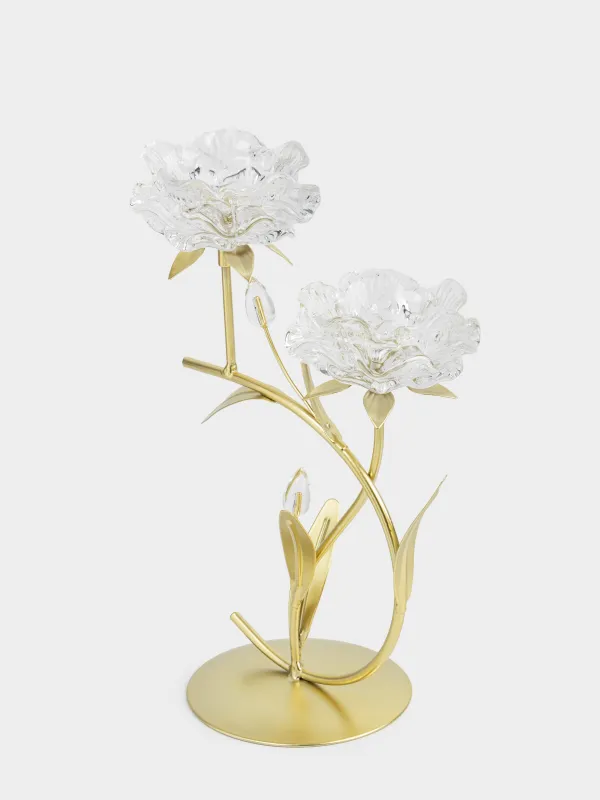 Подсвечник, 30 см, 2 чайные свечи, стекло/металл, золотистый, Цветы, Fantastic flowers, image-1