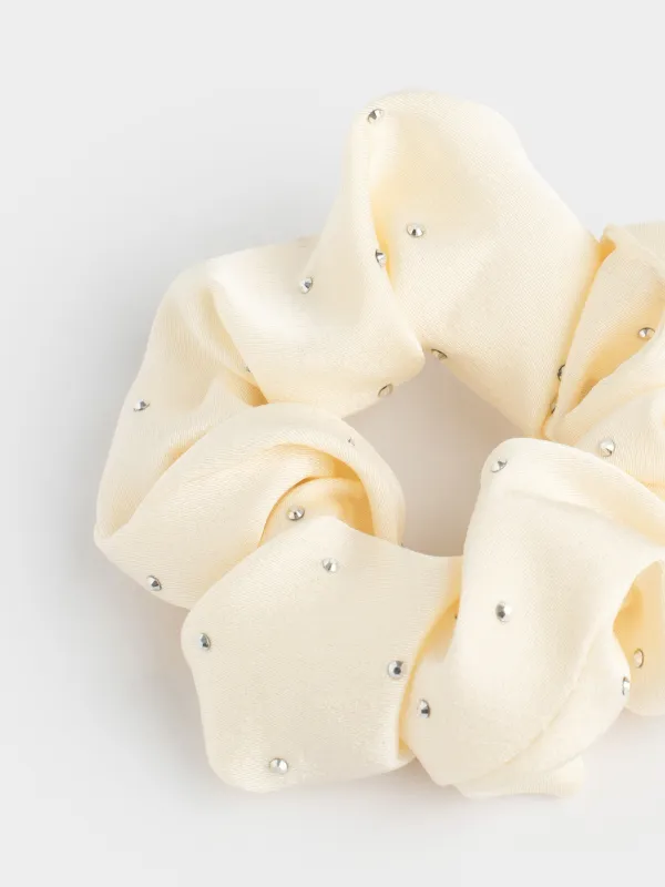 Резинка для волос, 8 см, со стразами, полиэстер, молочная, Silk, image-1