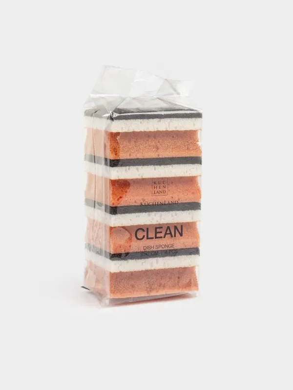 Губка для мытья посуды, 10x7 см, 4 шт, поролон/абразив, коричнево-серая, Clean, image-5