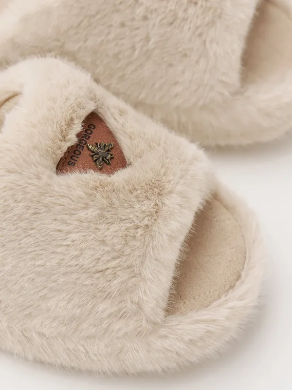 Тапочки женские, домашние, искусственный мех/замша, бежево-оранжевые, Пчела, Shaggy, image-3