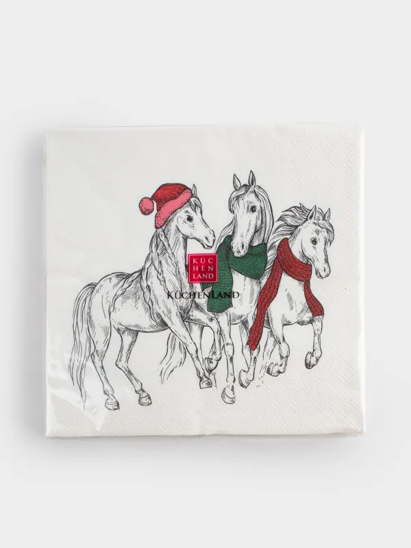 Салфетки бумажные, 33х33 см, 20 шт, квадратные, белые, Лошади в шарфах, Horse trio, image-4