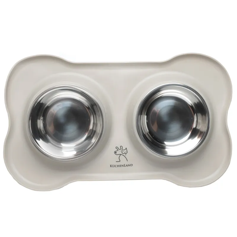 Миска для животных, 46х27 см, 375 мл, двойная, на подставке, сталь/резина, серая, Favorite pet, image-2