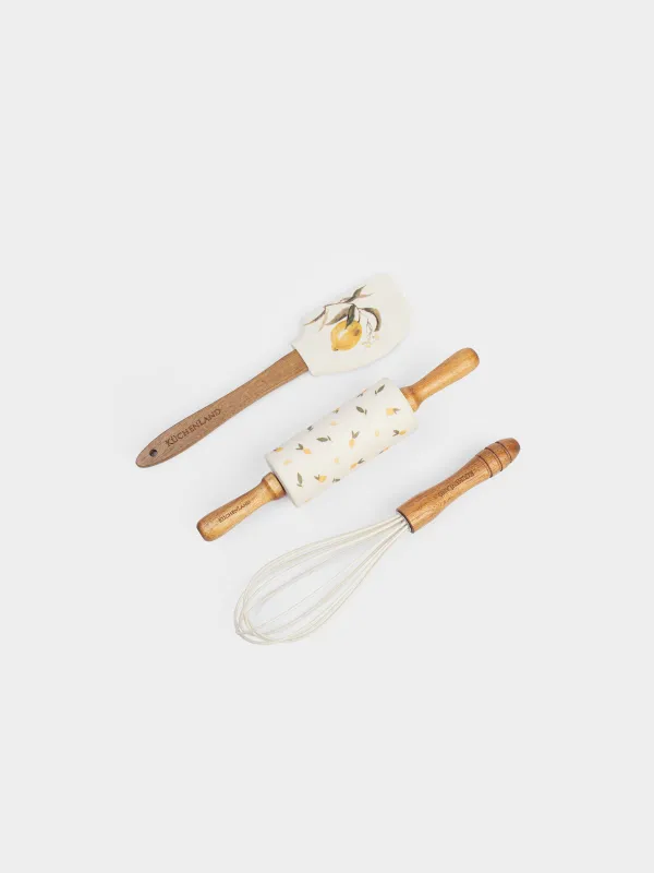 Набор для выпечки, 3 пр, лопатка/венчик/скалка, силикон/дерево, голубой/желтый, Лимоны, Sicily, image-1