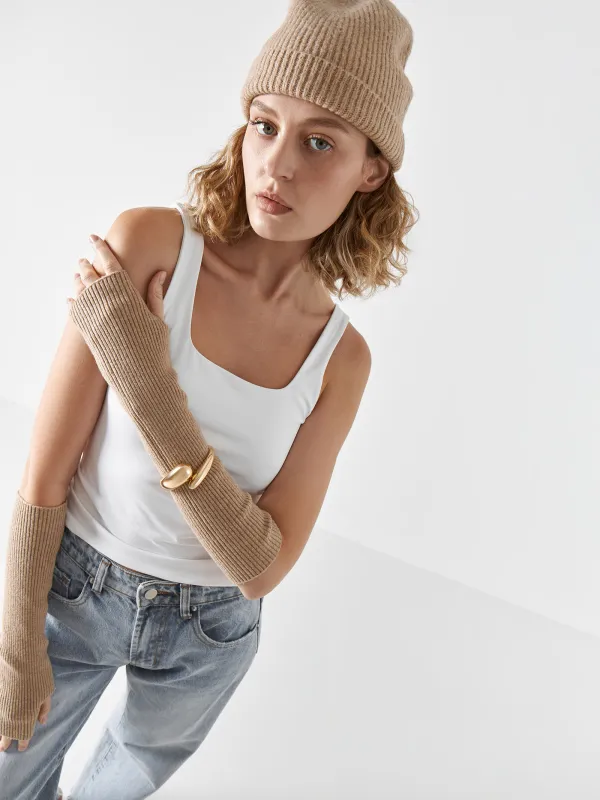 Митенки женские, удлиненные, единый размер, полиэстер/акрил, песочные, Knitting, image-4