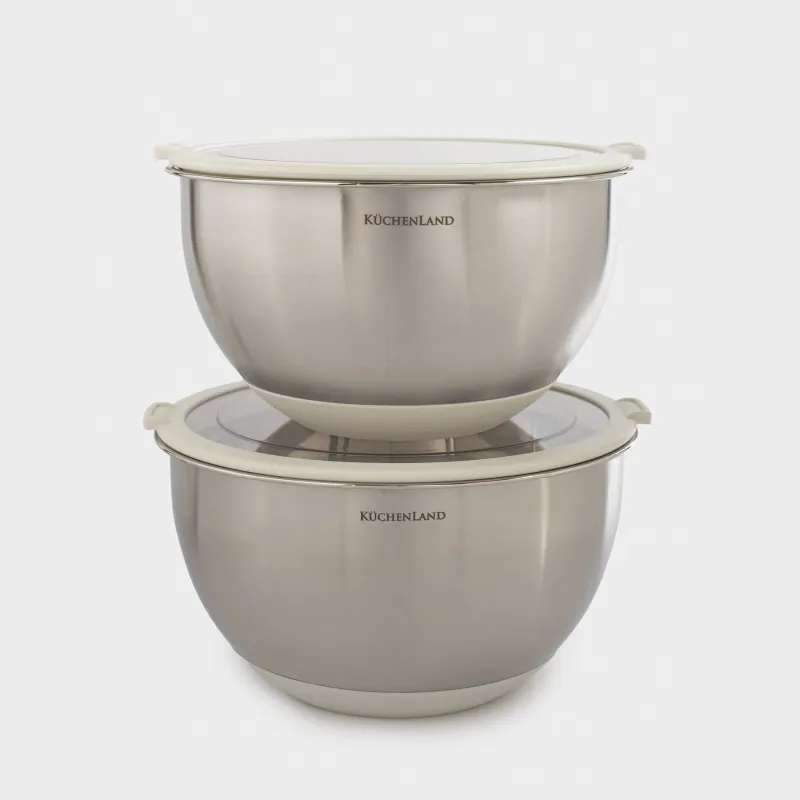 Миска, 3/4,5 л, 2 шт, с крышкой, антискользящее дно, сталь/пластик, бежевая, Terra new