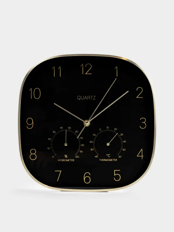 Часы настенные, 30 см, с термометром и гигрометром, металл/стекло, черные, Dial, image-0
