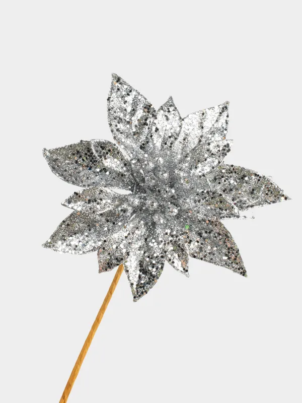 Украшение декоративное, 13 см, пластик, серебристое, Пуансеттия, Flower decor, image-3