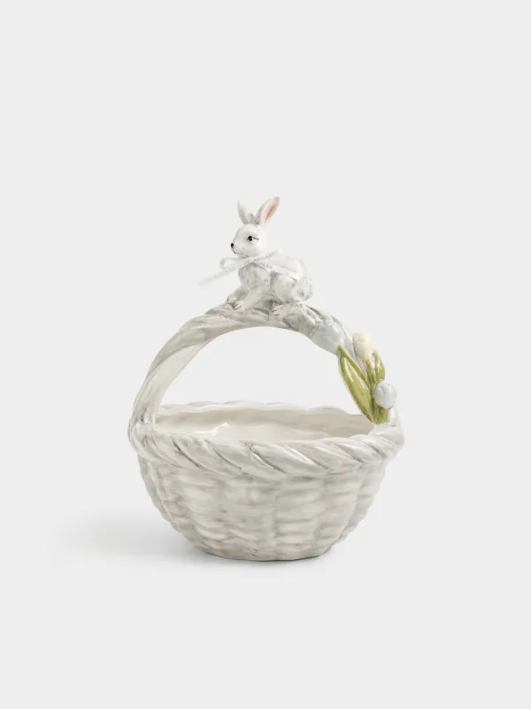Конфетница, 23х28 см, 1,8 л, с ручкой, керамика D, серая, Кролик на корзине с цветами, Easter, image-0